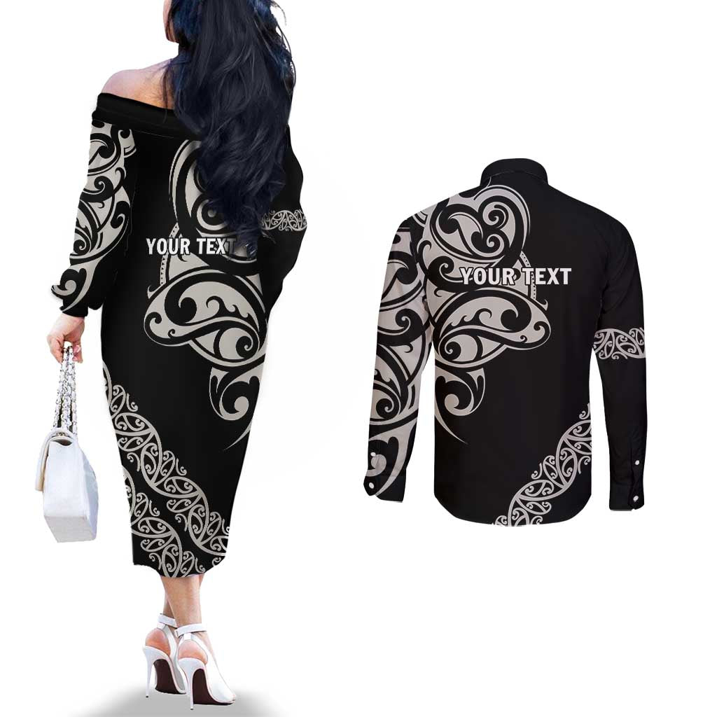 All Black Maori Tribal Tattoo Personalised Couples Matching Off The Shoulder Long Sleeve Dress and Long Sleeve Button Shirt Stone Gray Polynesian Style LT9 - Polynesian Pride