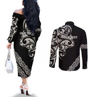 All Black Maori Tribal Tattoo Personalised Couples Matching Off The Shoulder Long Sleeve Dress and Long Sleeve Button Shirt Stone Gray Polynesian Style LT9 - Polynesian Pride