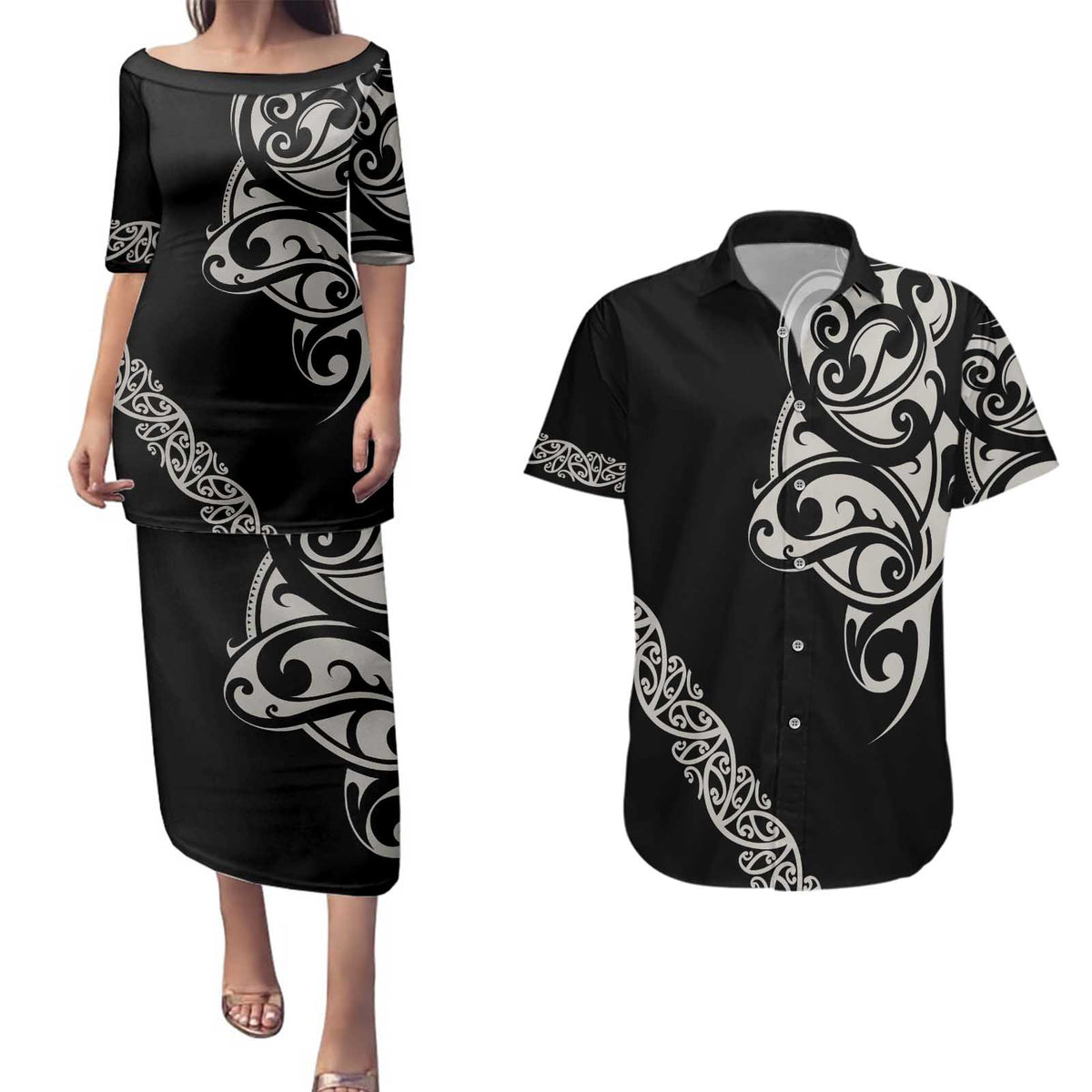 All Black Maori Tribal Tattoo Personalised Couples Matching Puletasi and Hawaiian Shirt Stone Gray Polynesian Style LT9 Gray - Polynesian Pride