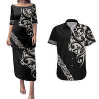 All Black Maori Tribal Tattoo Personalised Couples Matching Puletasi and Hawaiian Shirt Stone Gray Polynesian Style LT9 Gray - Polynesian Pride