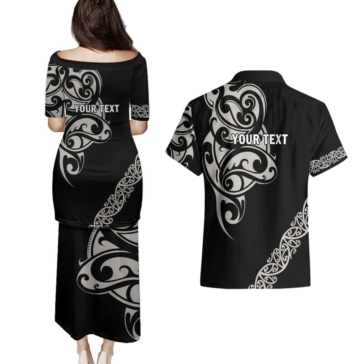 All Black Maori Tribal Tattoo Personalised Couples Matching Puletasi and Hawaiian Shirt Stone Gray Polynesian Style LT9 - Polynesian Pride