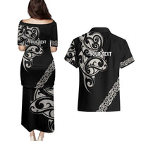All Black Maori Tribal Tattoo Personalised Couples Matching Puletasi and Hawaiian Shirt Stone Gray Polynesian Style LT9 - Polynesian Pride