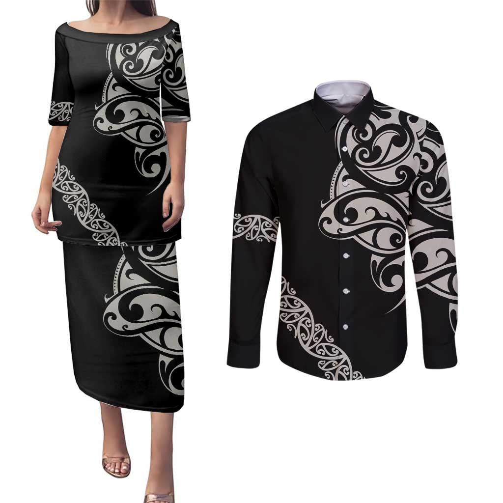 All Black Maori Tribal Tattoo Personalised Couples Matching Puletasi and Long Sleeve Button Shirt Stone Gray Polynesian Style LT9 Gray - Polynesian Pride