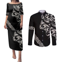 All Black Maori Tribal Tattoo Personalised Couples Matching Puletasi and Long Sleeve Button Shirt Stone Gray Polynesian Style LT9 Gray - Polynesian Pride