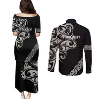 All Black Maori Tribal Tattoo Personalised Couples Matching Puletasi and Long Sleeve Button Shirt Stone Gray Polynesian Style LT9 - Polynesian Pride