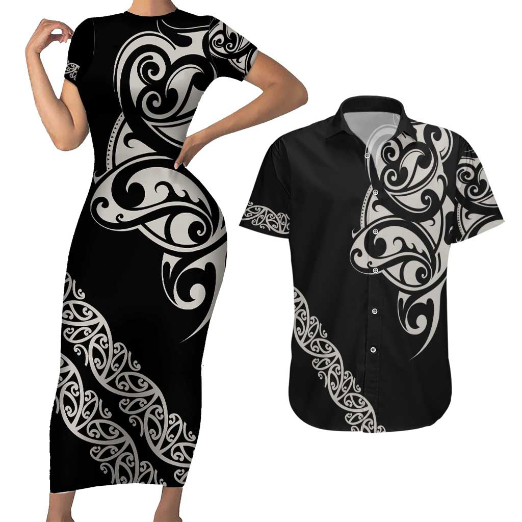 All Black Maori Tribal Tattoo Personalised Couples Matching Short Sleeve Bodycon Dress and Hawaiian Shirt Stone Gray Polynesian Style LT9 Gray - Polynesian Pride
