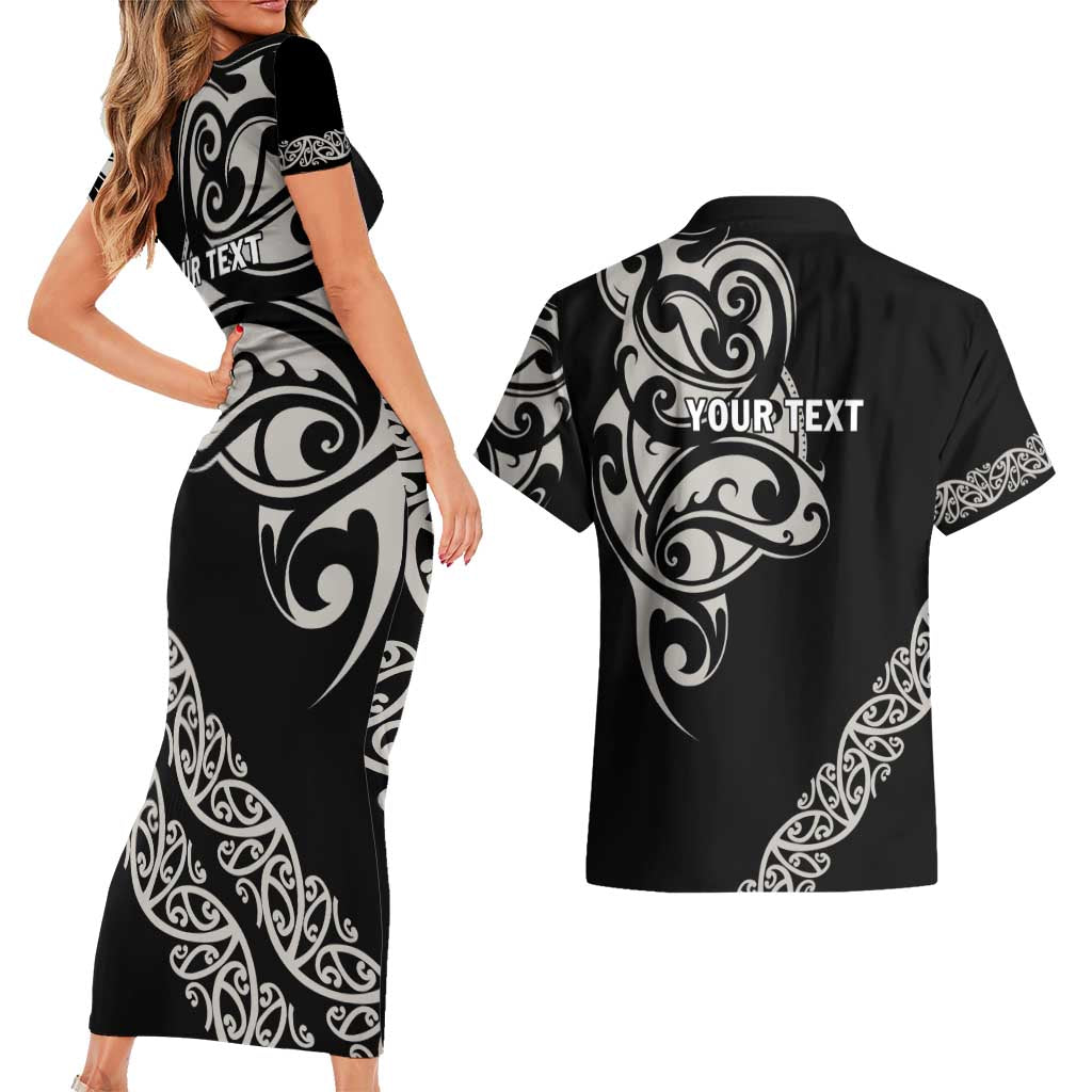 All Black Maori Tribal Tattoo Personalised Couples Matching Short Sleeve Bodycon Dress and Hawaiian Shirt Stone Gray Polynesian Style LT9 - Polynesian Pride
