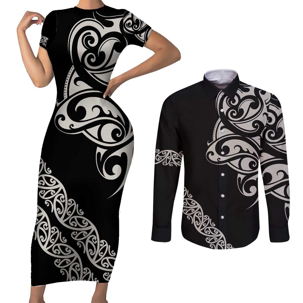 All Black Maori Tribal Tattoo Personalised Couples Matching Short Sleeve Bodycon Dress and Long Sleeve Button Shirt Stone Gray Polynesian Style LT9 Gray - Polynesian Pride