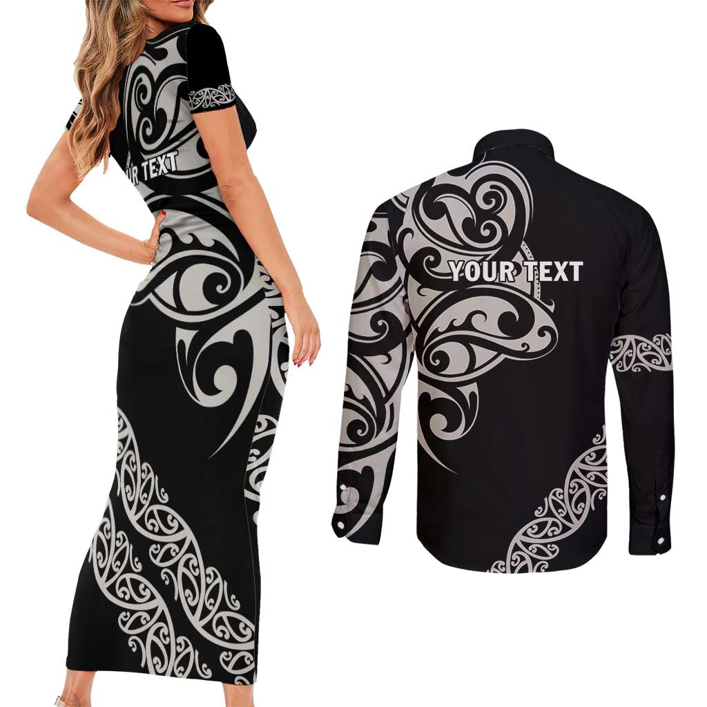 All Black Maori Tribal Tattoo Personalised Couples Matching Short Sleeve Bodycon Dress and Long Sleeve Button Shirt Stone Gray Polynesian Style LT9 - Polynesian Pride