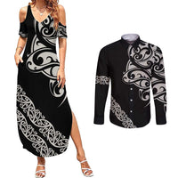 All Black Maori Tribal Tattoo Personalised Couples Matching Summer Maxi Dress and Long Sleeve Button Shirt Stone Gray Polynesian Style LT9 Gray - Polynesian Pride