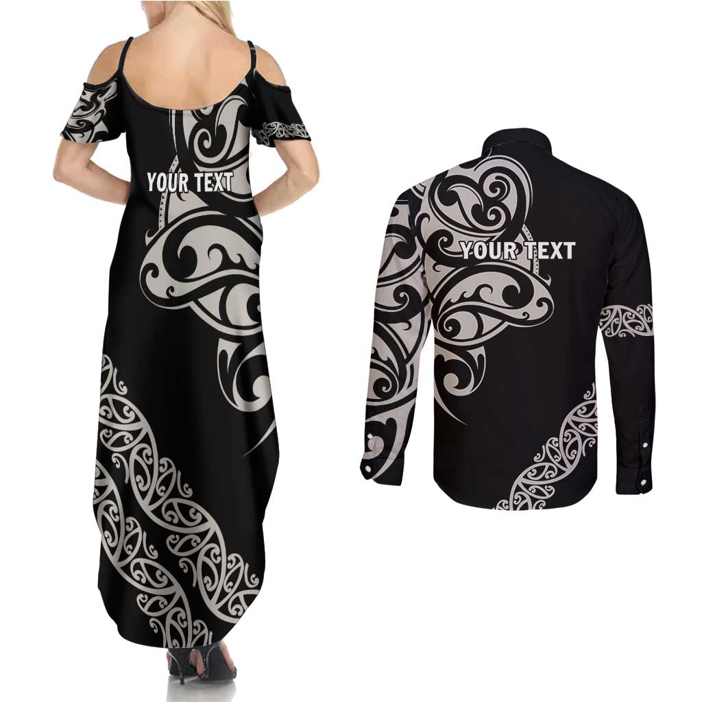 All Black Maori Tribal Tattoo Personalised Couples Matching Summer Maxi Dress and Long Sleeve Button Shirt Stone Gray Polynesian Style LT9 - Polynesian Pride