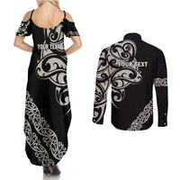 All Black Maori Tribal Tattoo Personalised Couples Matching Summer Maxi Dress and Long Sleeve Button Shirt Stone Gray Polynesian Style LT9 - Polynesian Pride