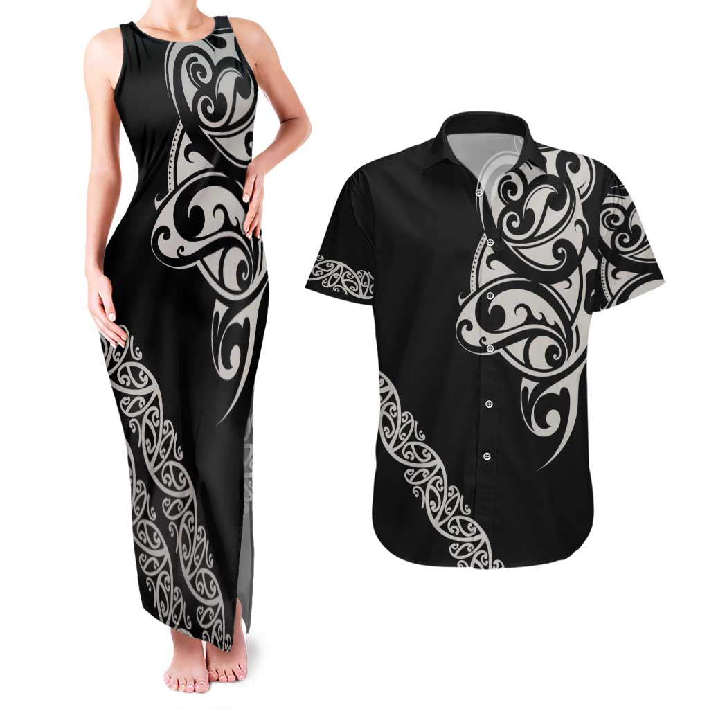 All Black Maori Tribal Tattoo Personalised Couples Matching Tank Maxi Dress and Hawaiian Shirt Stone Gray Polynesian Style LT9 Gray - Polynesian Pride