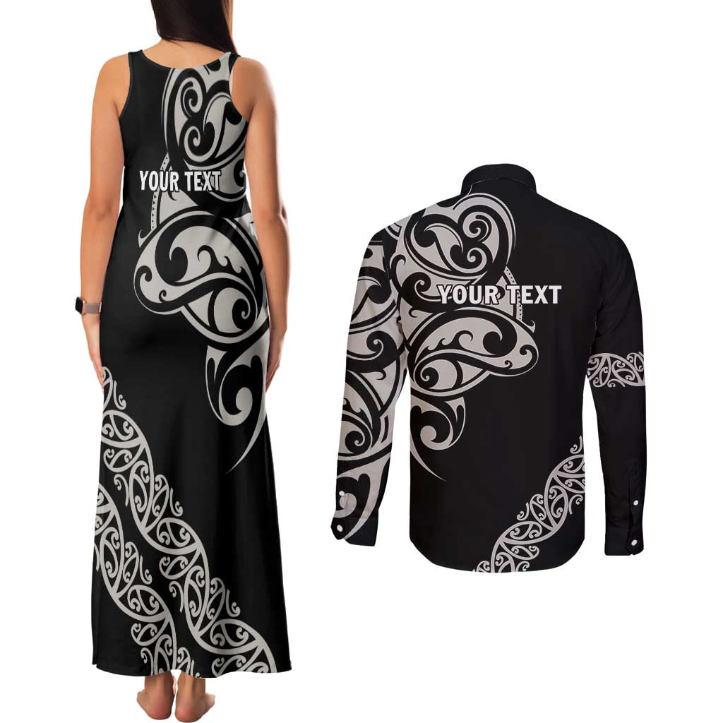 All Black Maori Tribal Tattoo Personalised Couples Matching Tank Maxi Dress and Long Sleeve Button Shirt Stone Gray Polynesian Style LT9 - Polynesian Pride