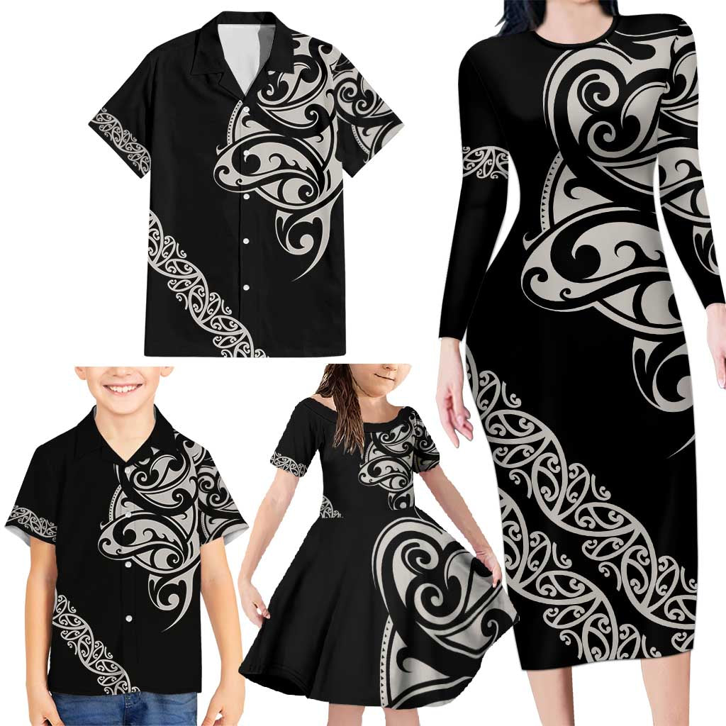 All Black Maori Tribal Tattoo Personalised Family Matching Long Sleeve Bodycon Dress and Hawaiian Shirt Stone Gray Polynesian Style LT9 - Polynesian Pride