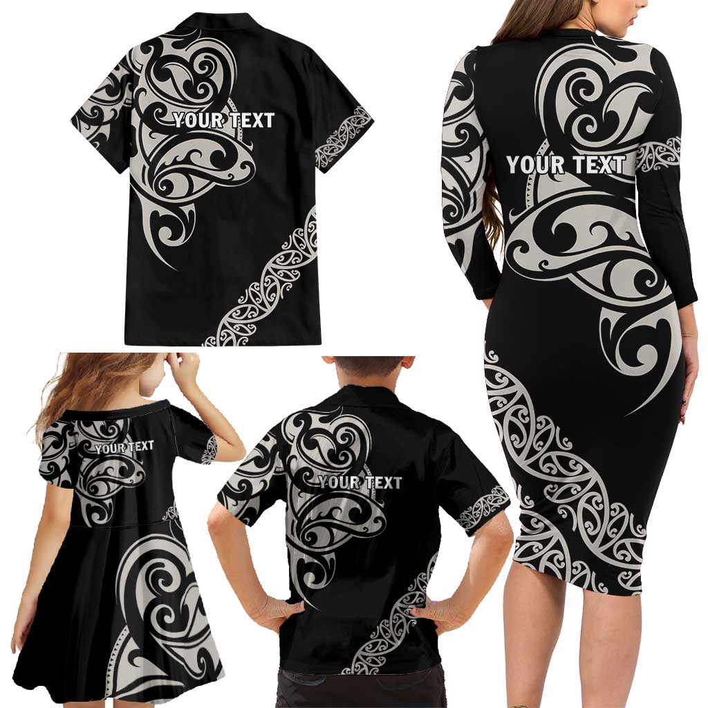 All Black Maori Tribal Tattoo Personalised Family Matching Long Sleeve Bodycon Dress and Hawaiian Shirt Stone Gray Polynesian Style LT9 - Polynesian Pride