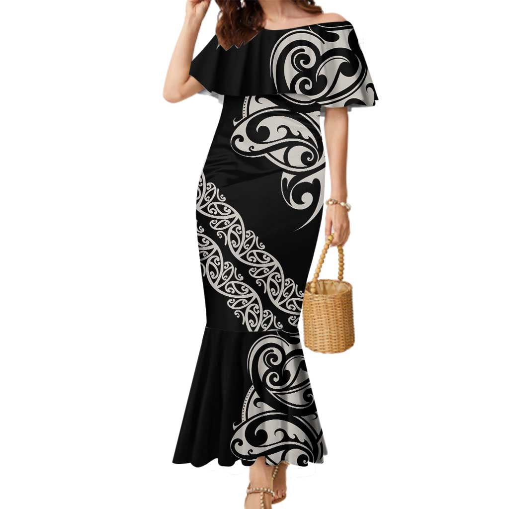 All Black Maori Tribal Tattoo Personalised Family Matching Mermaid Dress and Hawaiian Shirt Stone Gray Polynesian Style LT9 Mom's Dress Gray - Polynesian Pride