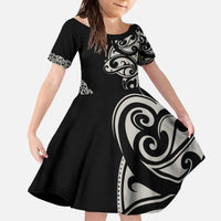 All Black Maori Tribal Tattoo Personalised Family Matching Off The Shoulder Long Sleeve Dress and Hawaiian Shirt Stone Gray Polynesian Style LT9 Daughter's Dress Gray - Polynesian Pride