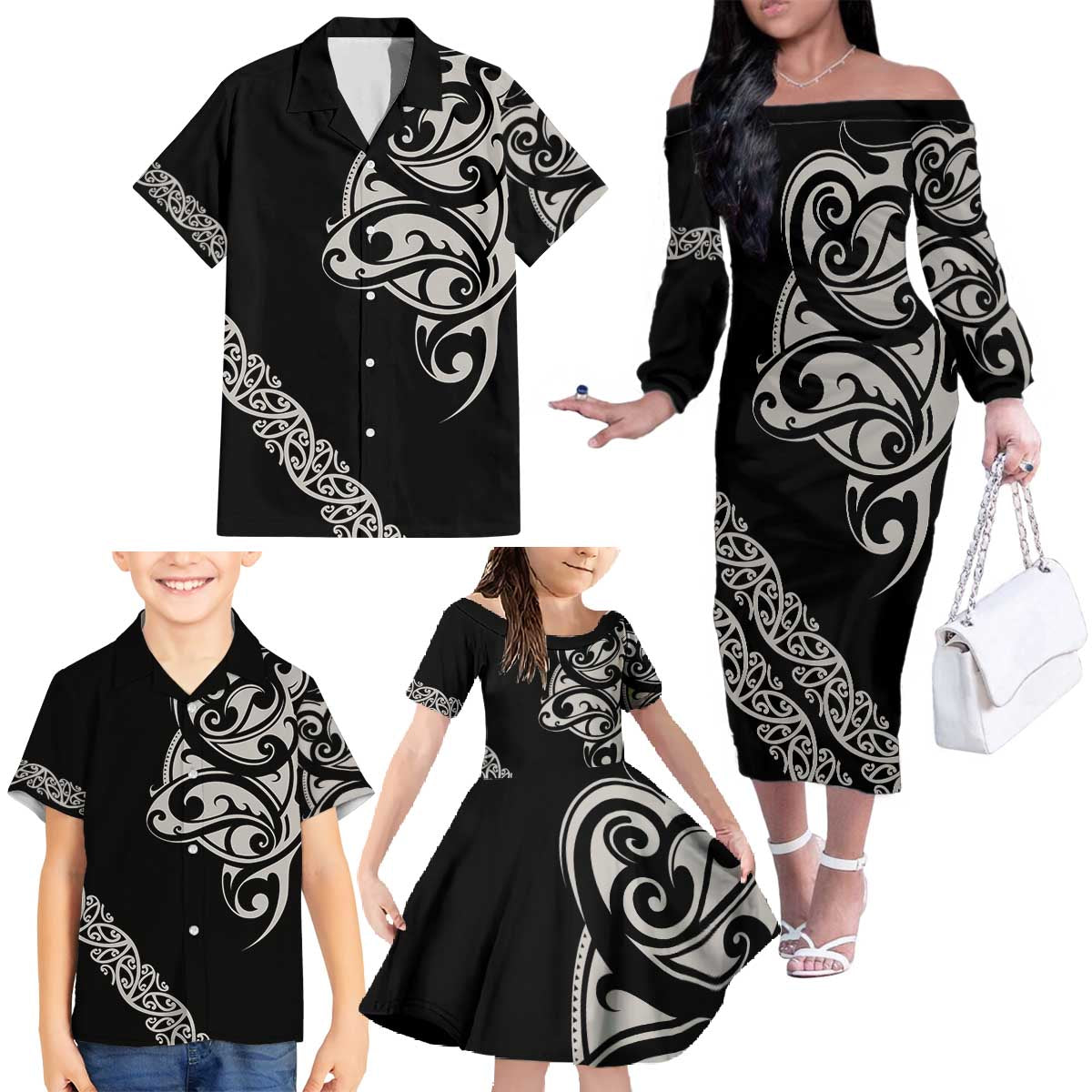 All Black Maori Tribal Tattoo Personalised Family Matching Off The Shoulder Long Sleeve Dress and Hawaiian Shirt Stone Gray Polynesian Style LT9 - Polynesian Pride