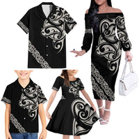 All Black Maori Tribal Tattoo Personalised Family Matching Off The Shoulder Long Sleeve Dress and Hawaiian Shirt Stone Gray Polynesian Style LT9 - Polynesian Pride