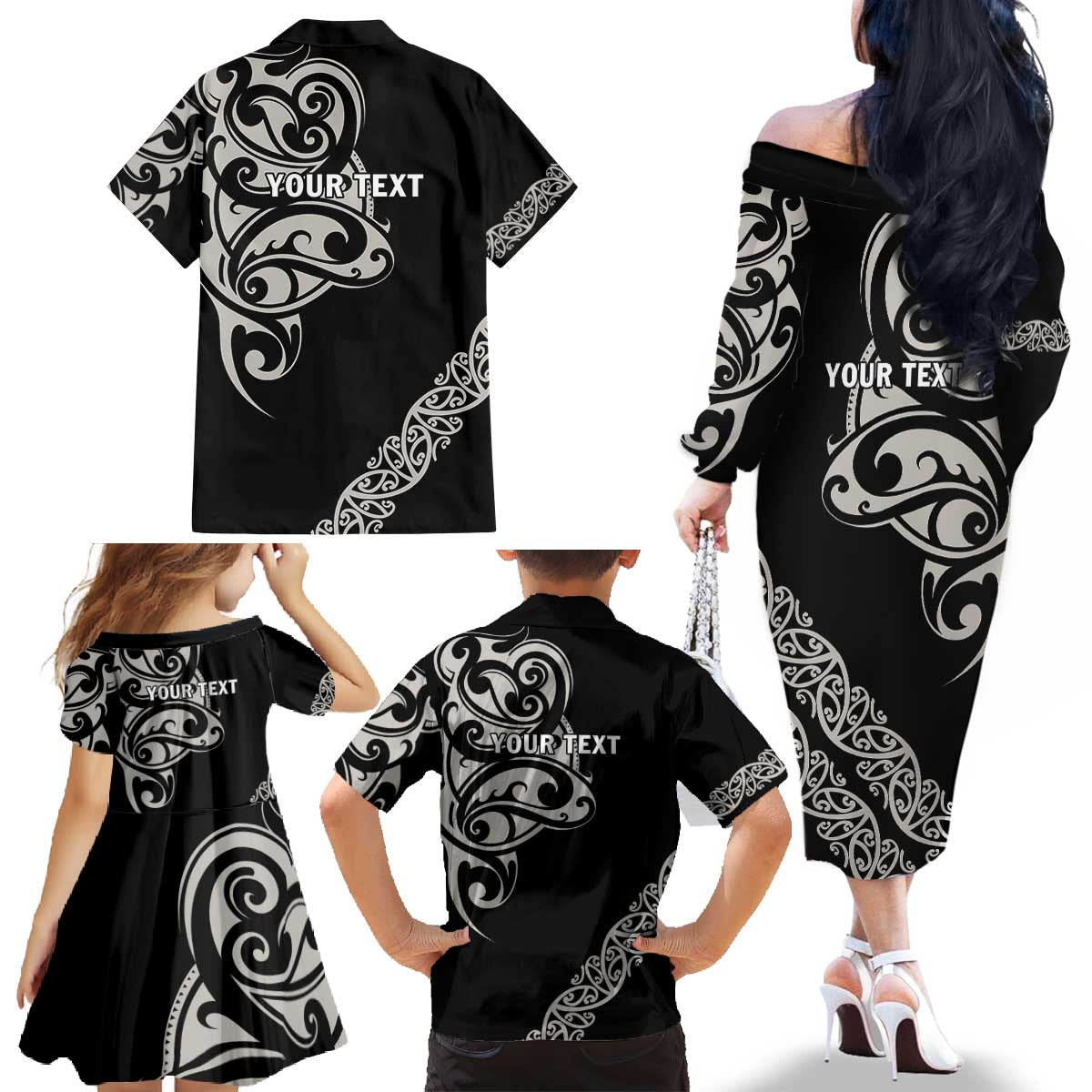 All Black Maori Tribal Tattoo Personalised Family Matching Off The Shoulder Long Sleeve Dress and Hawaiian Shirt Stone Gray Polynesian Style LT9 - Polynesian Pride