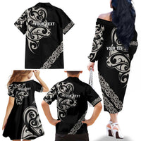 All Black Maori Tribal Tattoo Personalised Family Matching Off The Shoulder Long Sleeve Dress and Hawaiian Shirt Stone Gray Polynesian Style LT9 - Polynesian Pride