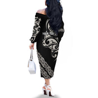 All Black Maori Tribal Tattoo Personalised Family Matching Off The Shoulder Long Sleeve Dress and Hawaiian Shirt Stone Gray Polynesian Style LT9 - Polynesian Pride