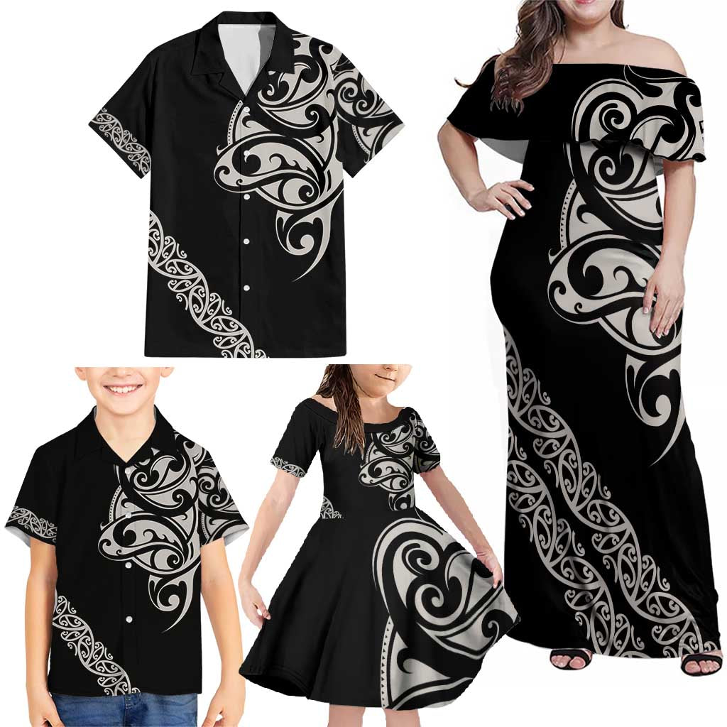 All Black Maori Tribal Tattoo Personalised Family Matching Off Shoulder Maxi Dress and Hawaiian Shirt Stone Gray Polynesian Style LT9 - Polynesian Pride