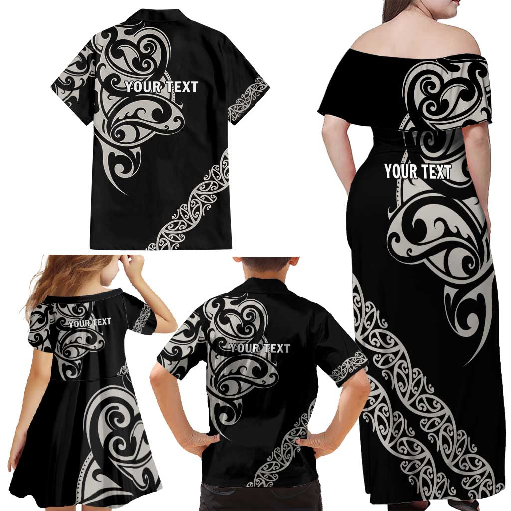 All Black Maori Tribal Tattoo Personalised Family Matching Off Shoulder Maxi Dress and Hawaiian Shirt Stone Gray Polynesian Style LT9 - Polynesian Pride
