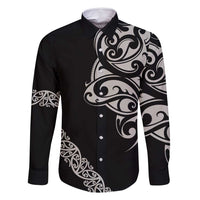 All Black Maori Tribal Tattoo Personalised Family Matching Off Shoulder Maxi Dress and Hawaiian Shirt Stone Gray Polynesian Style LT9 Dad's Shirt - Long Sleeve Gray - Polynesian Pride
