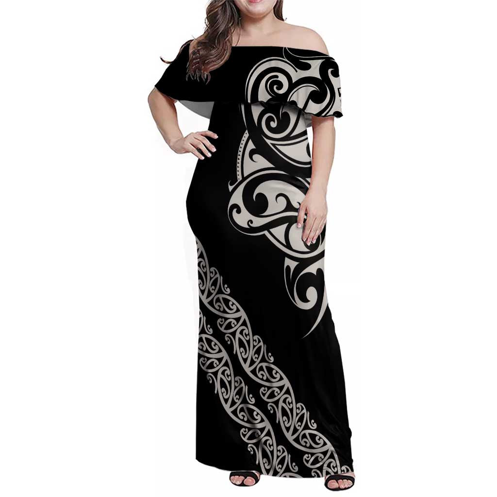 All Black Maori Tribal Tattoo Personalised Family Matching Off Shoulder Maxi Dress and Hawaiian Shirt Stone Gray Polynesian Style LT9 Mom's Dress Gray - Polynesian Pride