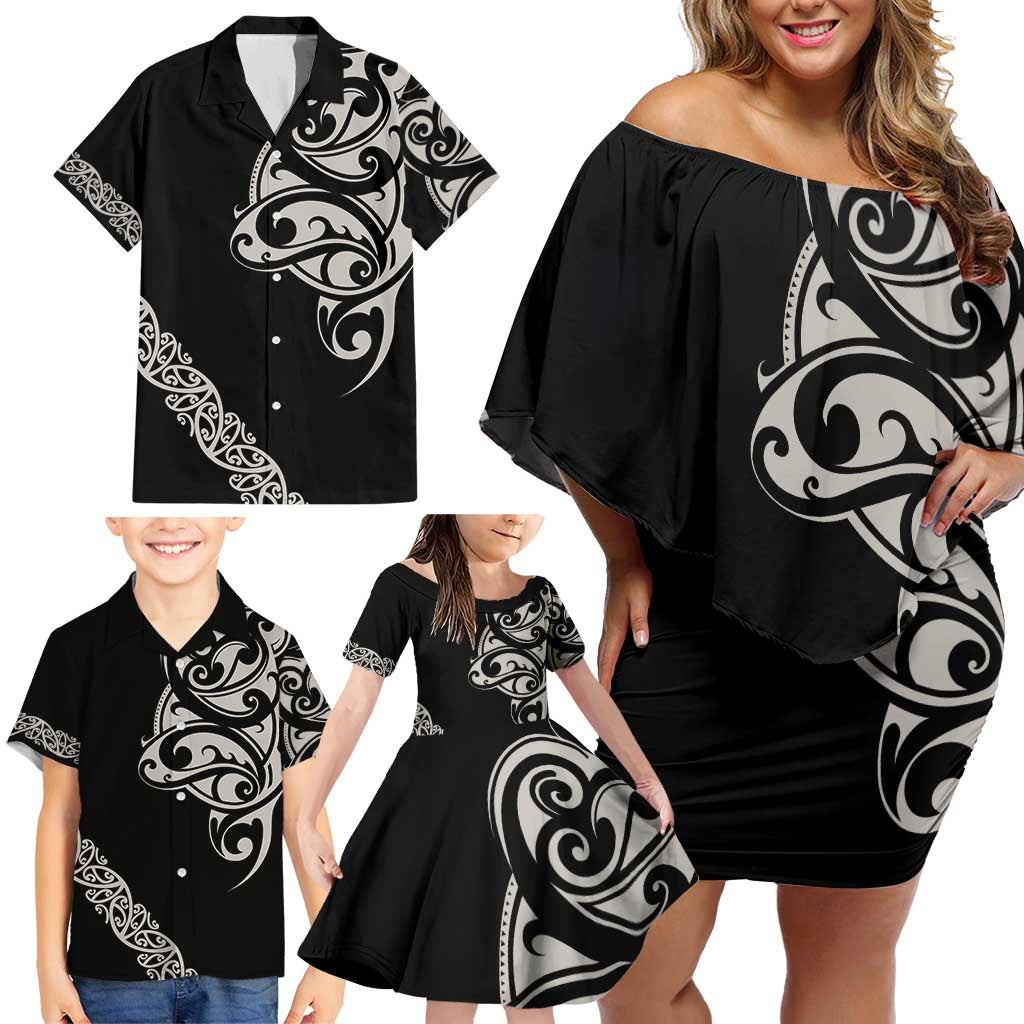 All Black Maori Tribal Tattoo Personalised Family Matching Off Shoulder Short Dress and Hawaiian Shirt Stone Gray Polynesian Style LT9 - Polynesian Pride