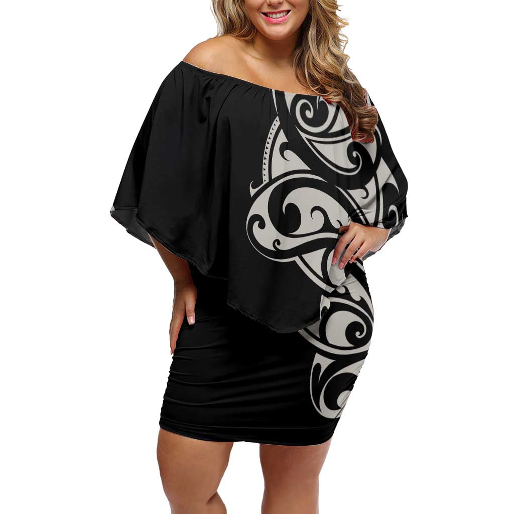 All Black Maori Tribal Tattoo Personalised Family Matching Off Shoulder Short Dress and Hawaiian Shirt Stone Gray Polynesian Style LT9 Mom's Dress Gray - Polynesian Pride
