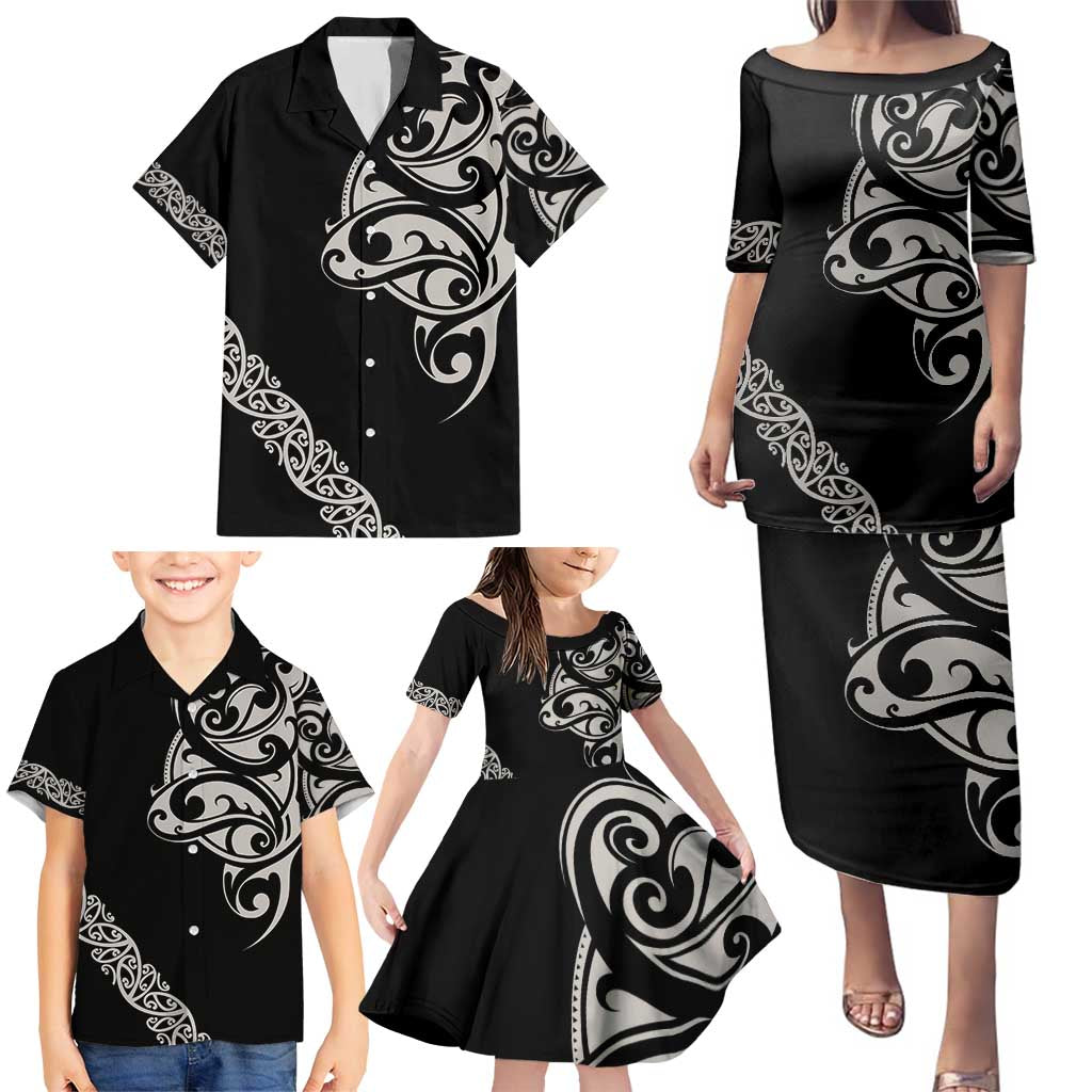 All Black Maori Tribal Tattoo Personalised Family Matching Puletasi and Hawaiian Shirt Stone Gray Polynesian Style LT9 - Polynesian Pride