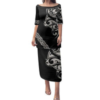 All Black Maori Tribal Tattoo Personalised Family Matching Puletasi and Hawaiian Shirt Stone Gray Polynesian Style LT9 Mom's Dress Gray - Polynesian Pride