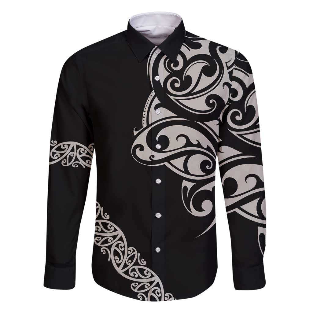 All Black Maori Tribal Tattoo Personalised Family Matching Summer Maxi Dress and Hawaiian Shirt Stone Gray Polynesian Style LT9 Dad's Shirt - Long Sleeve Gray - Polynesian Pride