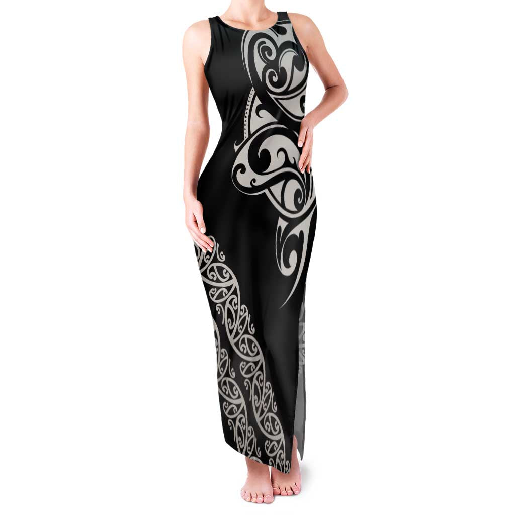 All Black Maori Tribal Tattoo Personalised Family Matching Tank Maxi Dress and Hawaiian Shirt Stone Gray Polynesian Style LT9 Mom's Dress Gray - Polynesian Pride
