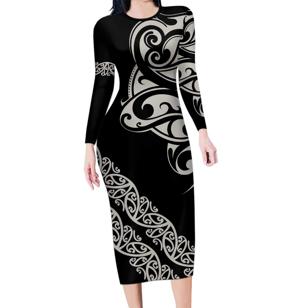 All Black Maori Tribal Tattoo Personalised Long Sleeve Bodycon Dress Stone Gray Polynesian Style LT9 Long Dress Gray - Polynesian Pride