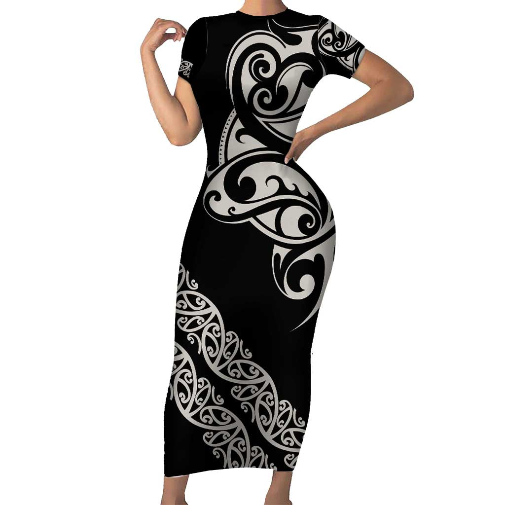 All Black Maori Tribal Tattoo Personalised Short Sleeve Bodycon Dress Stone Gray Polynesian Style LT9 Long Dress Gray - Polynesian Pride