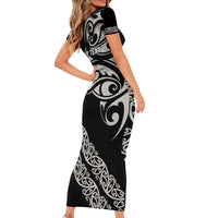 All Black Maori Tribal Tattoo Personalised Short Sleeve Bodycon Dress Stone Gray Polynesian Style LT9 - Polynesian Pride