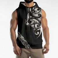 All Black Maori Tribal Tattoo Personalised Sleeveless Zip Hoodie Stone Gray Polynesian Style LT9