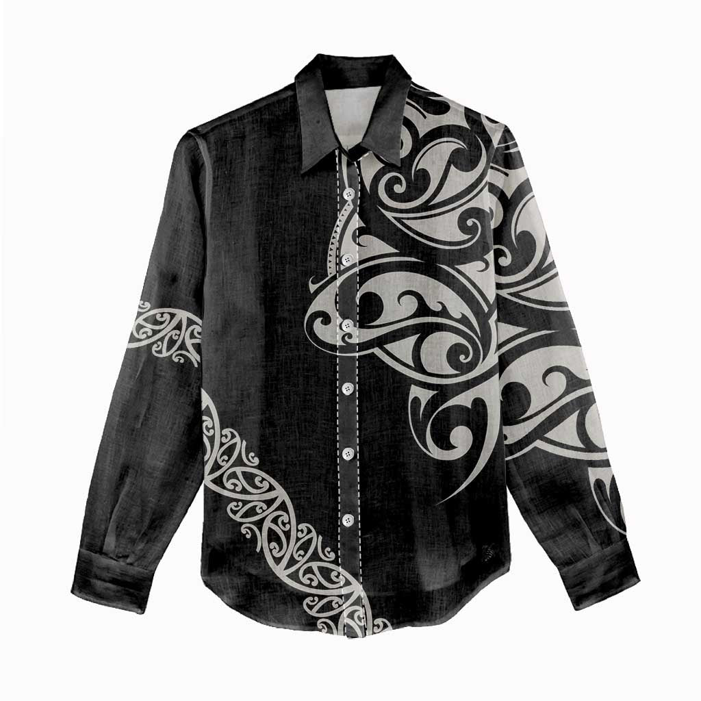 All Black Maori Tribal Tattoo Personalised Women Casual Shirt Stone Gray Polynesian Style LT9 - Polynesian Pride