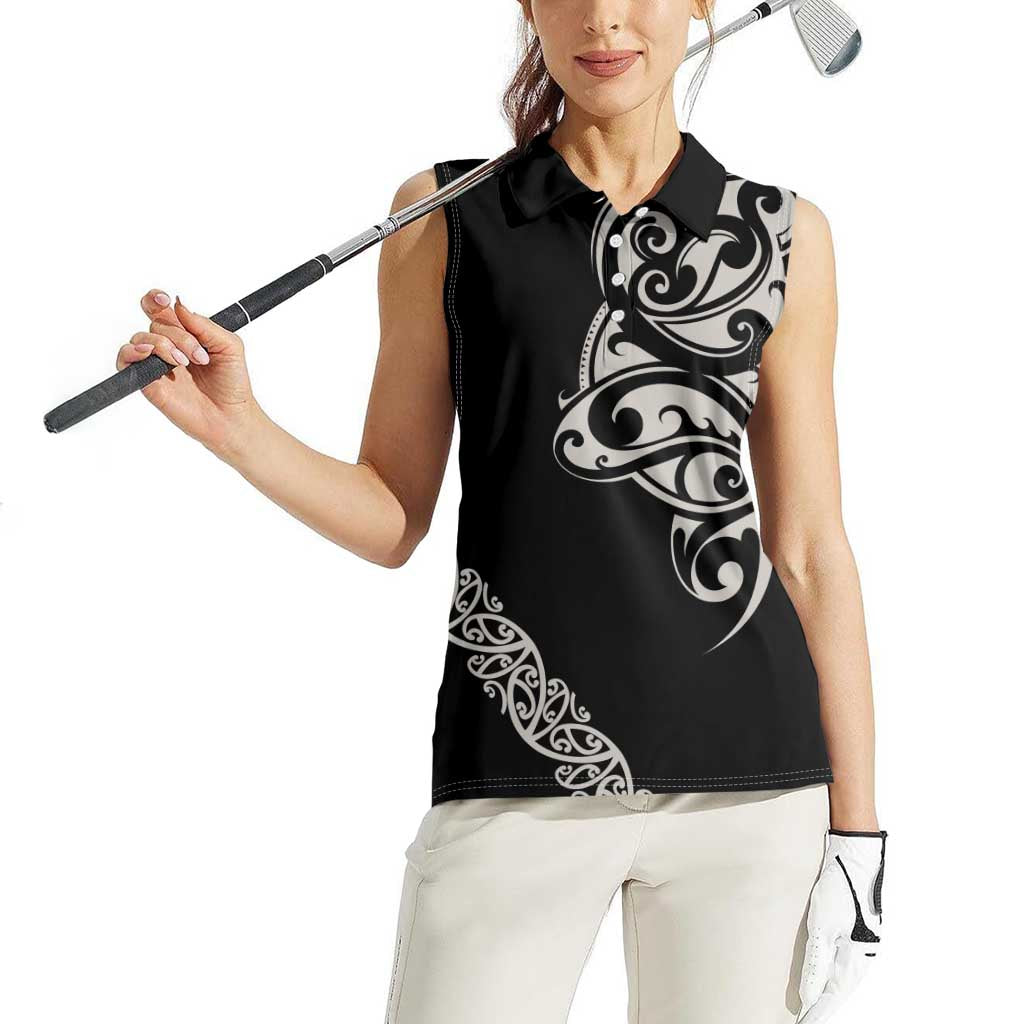 All Black Maori Tribal Tattoo Personalised Women Sleeveless Polo Shirt Stone Gray Polynesian Style LT9 - Polynesian Pride