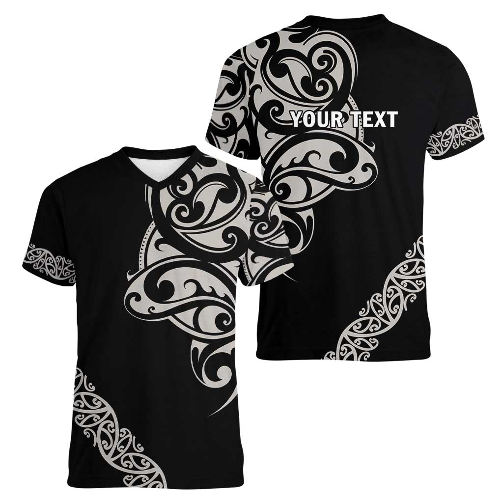 All Black Maori Tribal Tattoo Personalised Women V-Neck T-Shirt Stone Gray Polynesian Style LT9 - Polynesian Pride