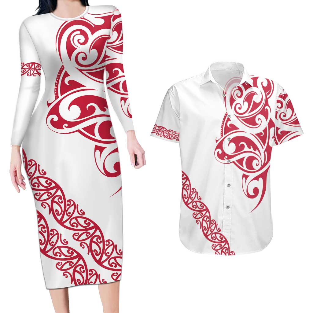 All White Maori Tribal Tattoo Personalised Couples Matching Long Sleeve Bodycon Dress and Hawaiian Shirt Classic Red Polynesian Style LT9 Red - Polynesian Pride