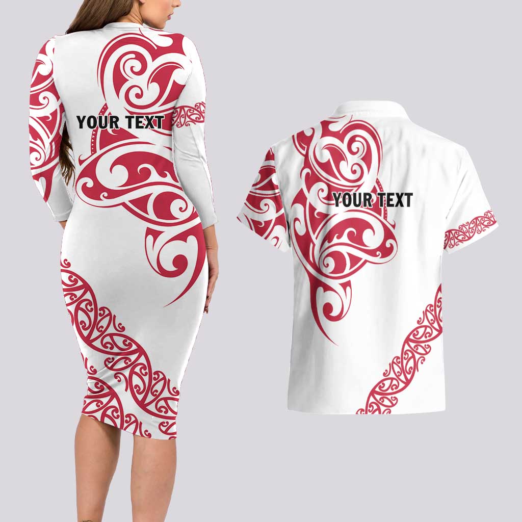 All White Maori Tribal Tattoo Personalised Couples Matching Long Sleeve Bodycon Dress and Hawaiian Shirt Classic Red Polynesian Style LT9 - Polynesian Pride