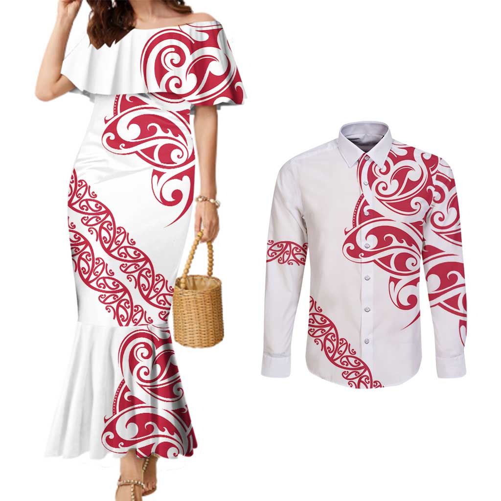 All White Maori Tribal Tattoo Personalised Couples Matching Mermaid Dress and Long Sleeve Button Shirt Classic Red Polynesian Style LT9 Red - Polynesian Pride
