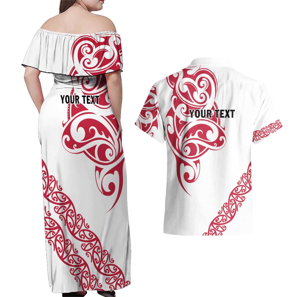 All White Maori Tribal Tattoo Personalised Couples Matching Off Shoulder Maxi Dress and Hawaiian Shirt Classic Red Polynesian Style LT9 - Polynesian Pride