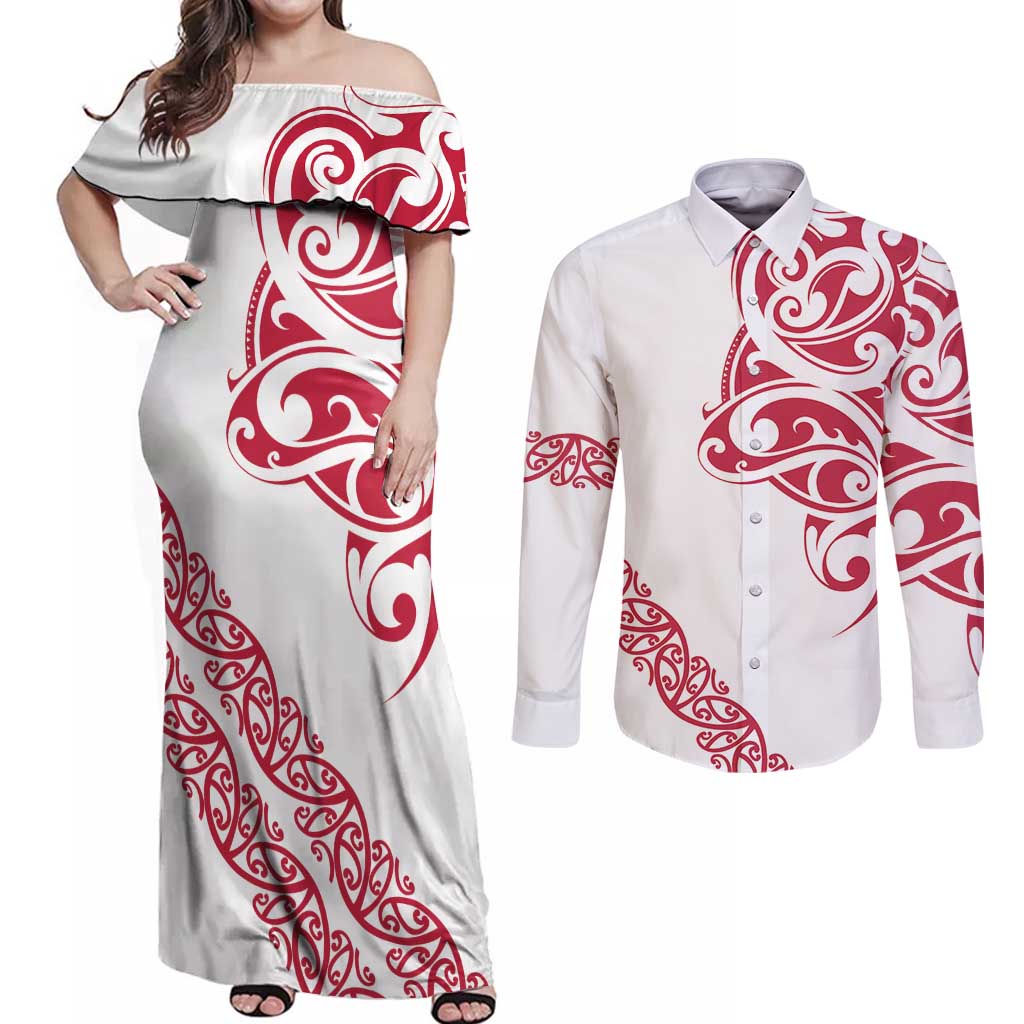 All White Maori Tribal Tattoo Personalised Couples Matching Off Shoulder Maxi Dress and Long Sleeve Button Shirt Classic Red Polynesian Style LT9 Red - Polynesian Pride