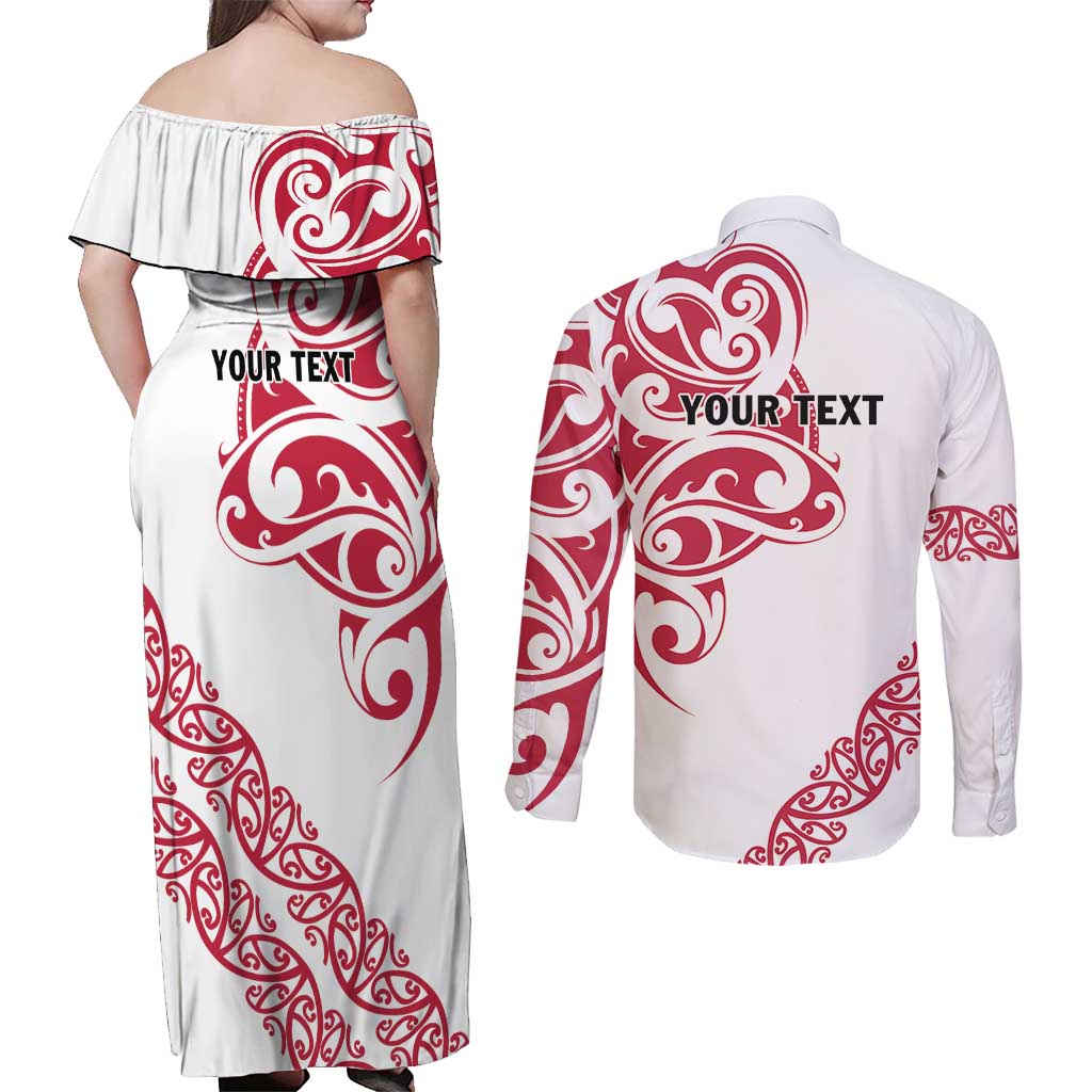 All White Maori Tribal Tattoo Personalised Couples Matching Off Shoulder Maxi Dress and Long Sleeve Button Shirt Classic Red Polynesian Style LT9 - Polynesian Pride